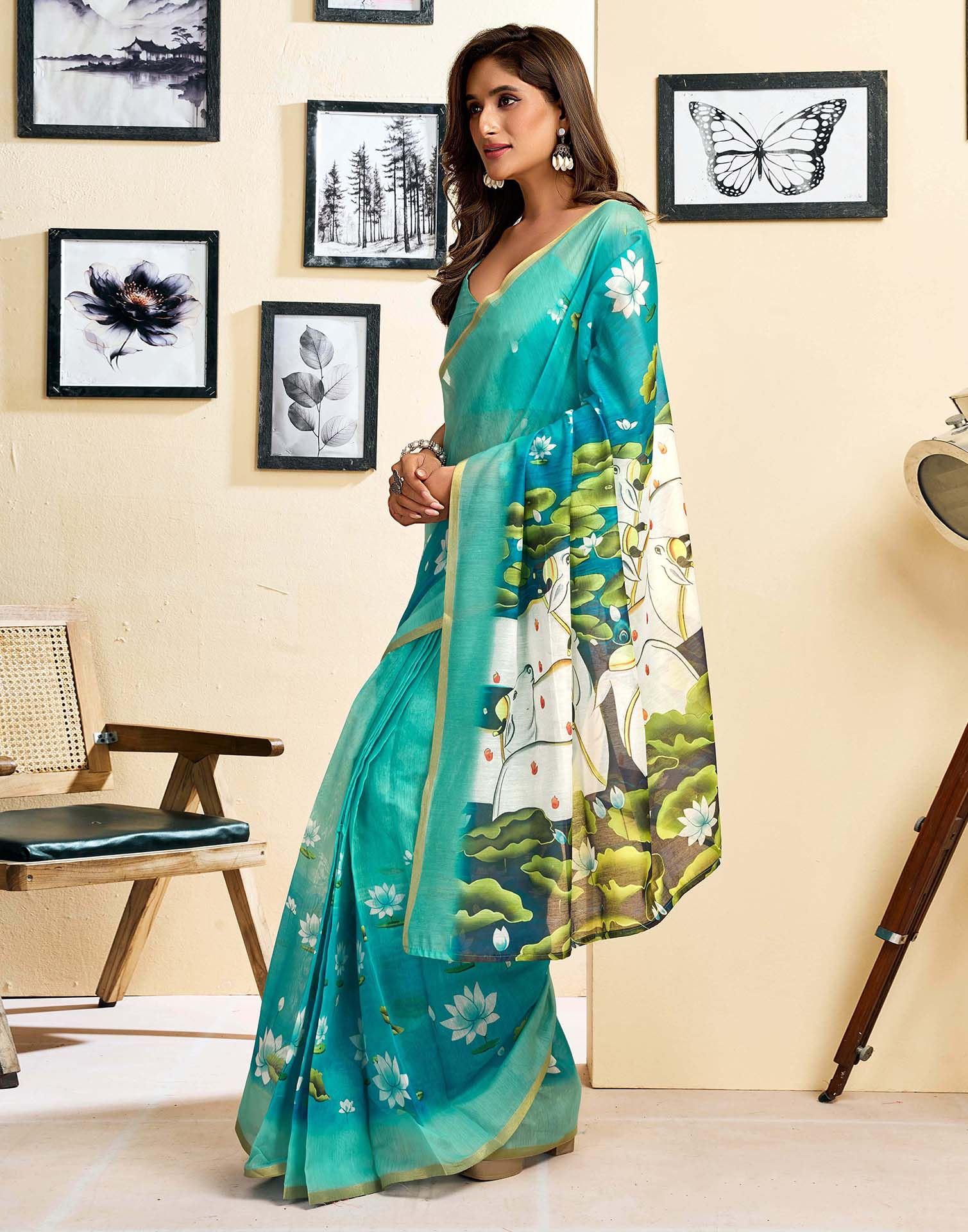 Ready To Wear Turquoise Blue Linen Floral Printed Saree