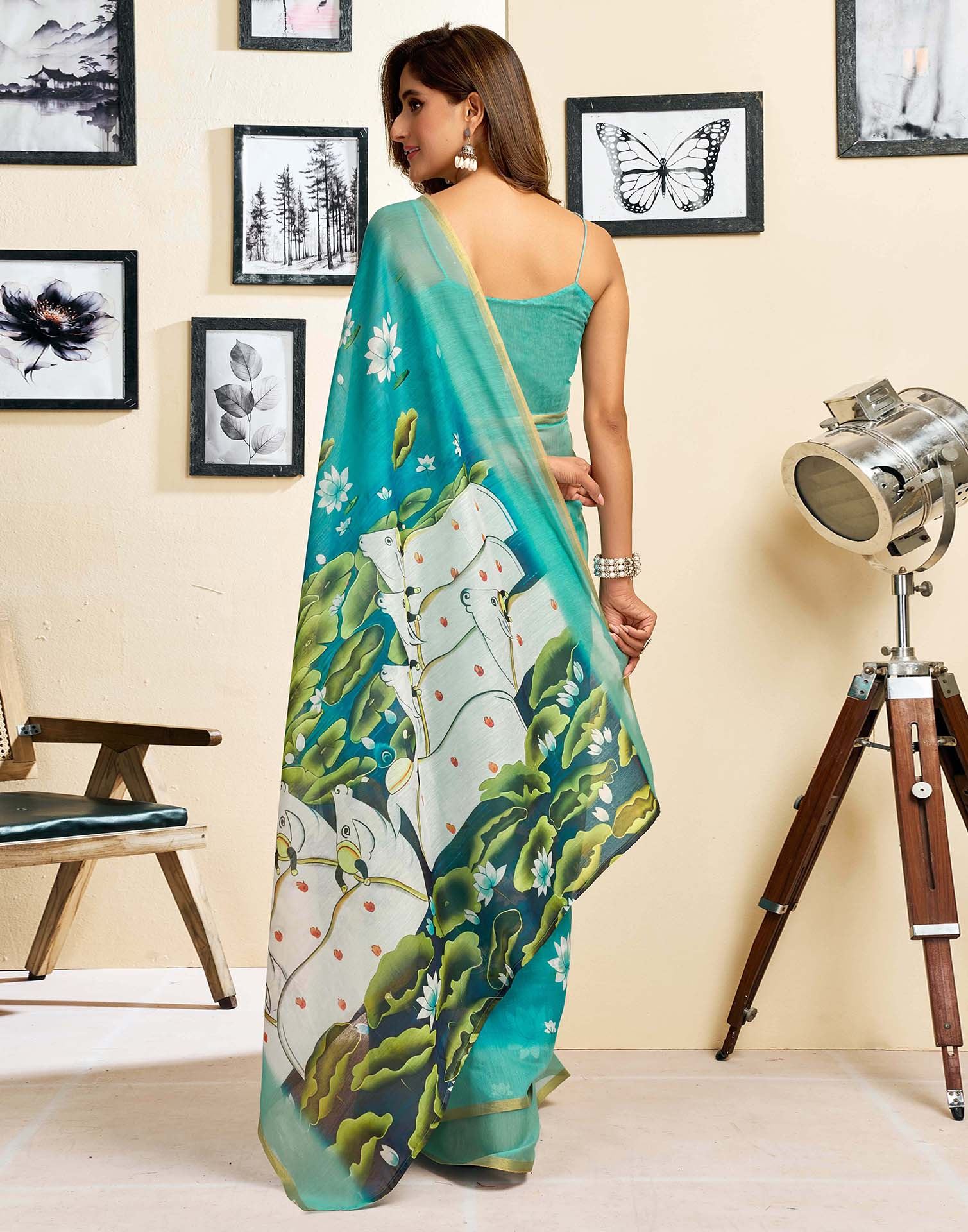Ready To Wear Turquoise Blue Linen Floral Printed Saree