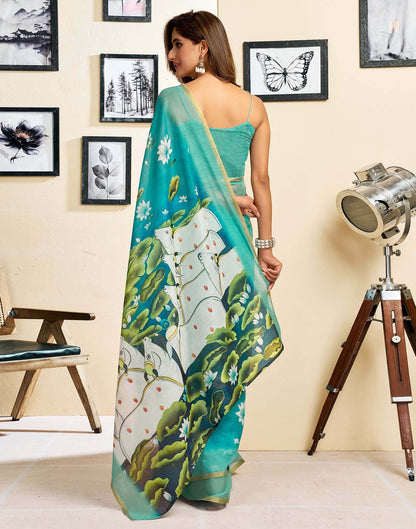 Ready To Wear Turquoise Blue Linen Floral Printed Saree
