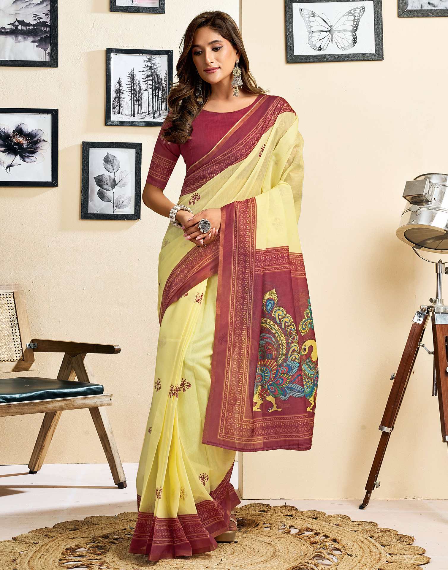 Ready To Wear Lemon Yellow Linen Printed Saree