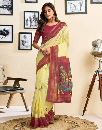 Ready To Wear Lemon Yellow Linen Printed Saree