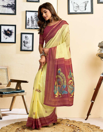Ready To Wear Lemon Yellow Linen Printed Saree