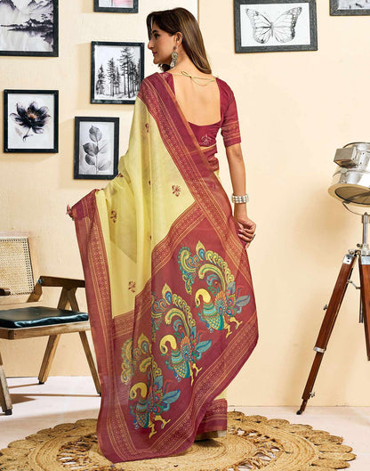 Ready To Wear Lemon Yellow Linen Printed Saree