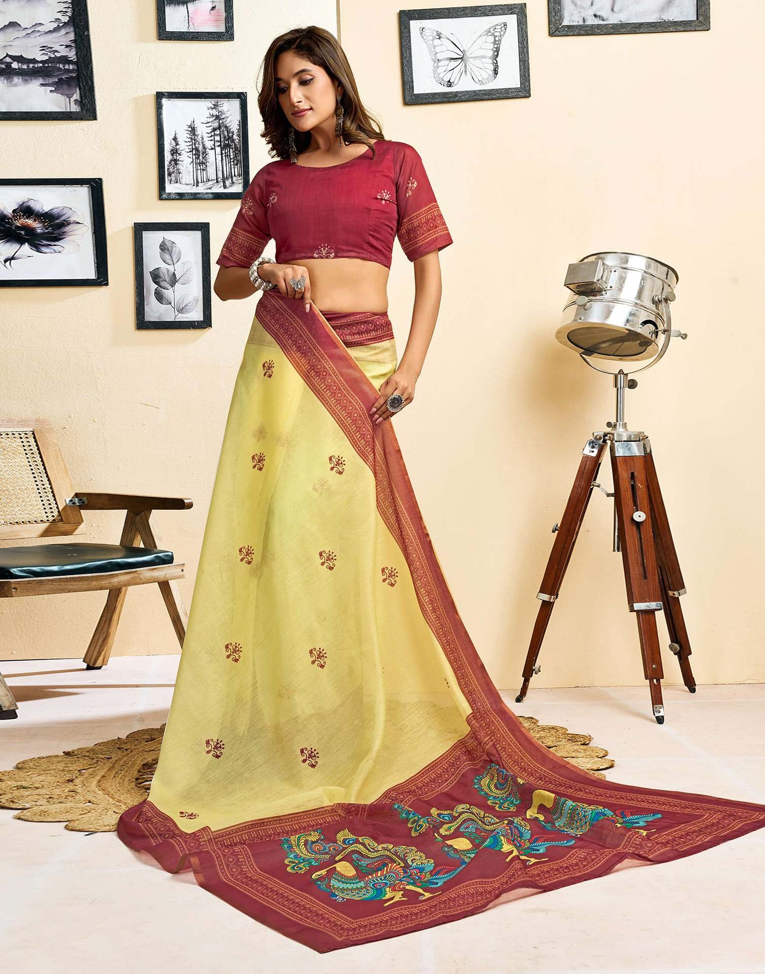 Ready To Wear Lemon Yellow Linen Printed Saree