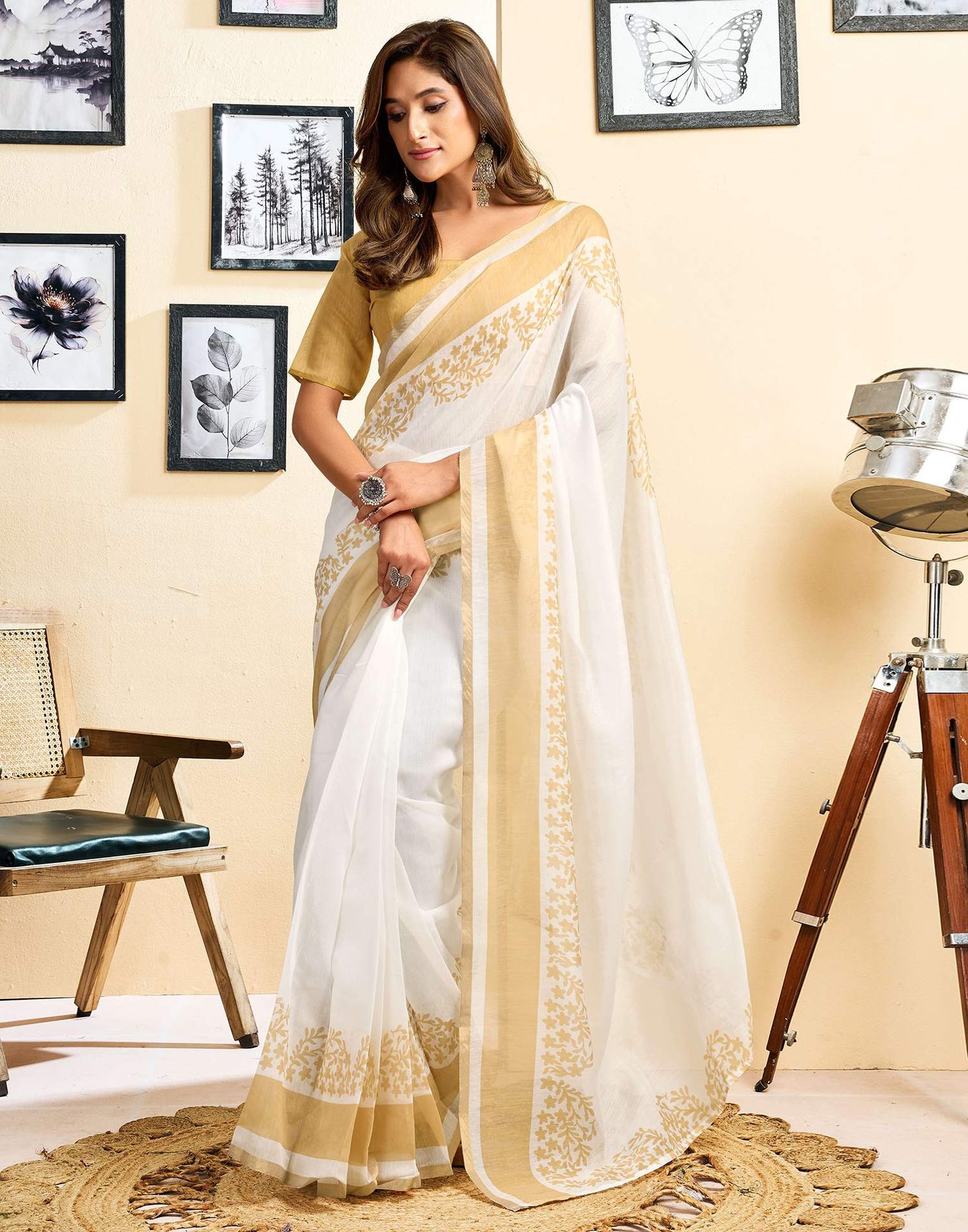 Ready To Wear White Linen Printed Saree