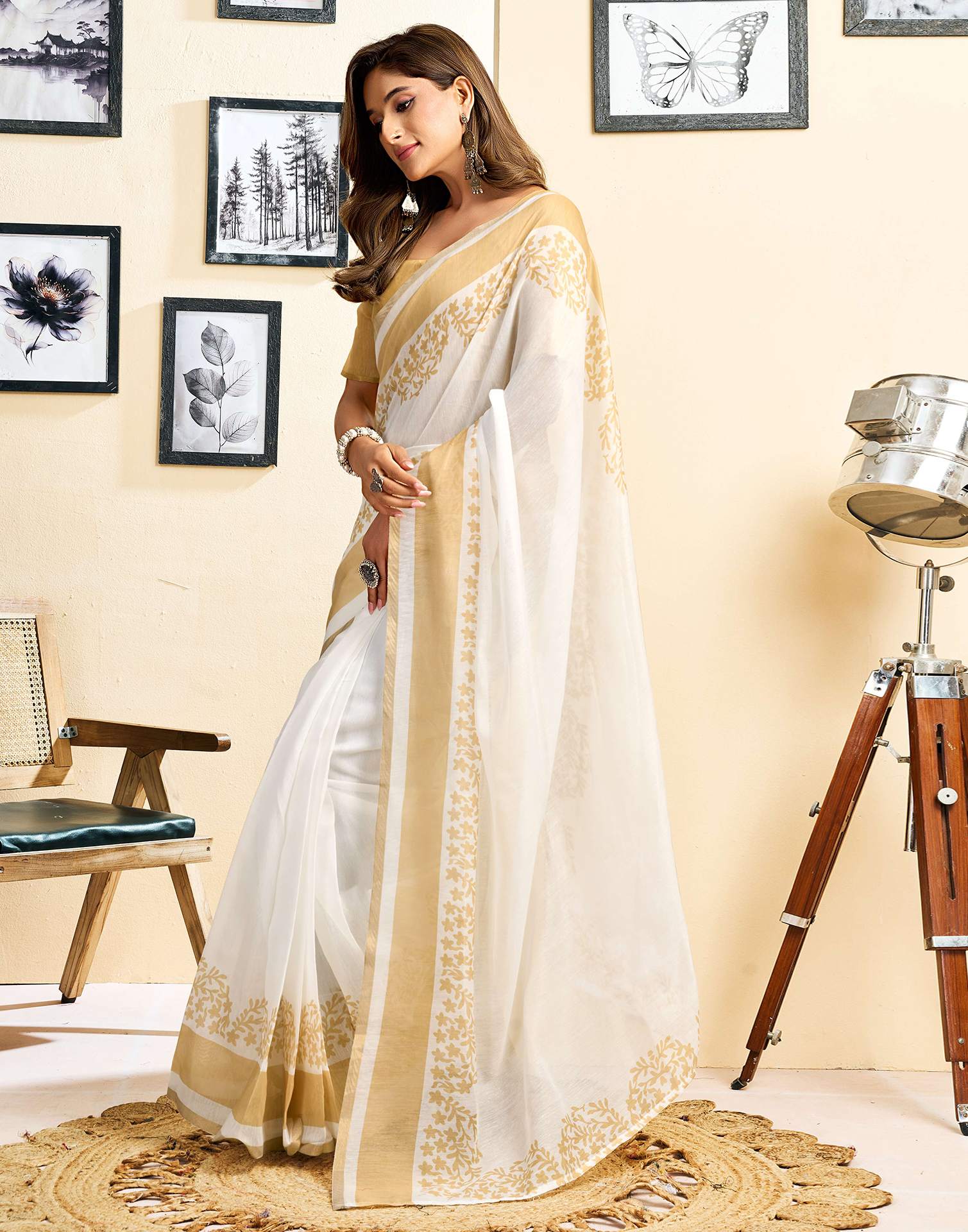 Ready To Wear White Linen Printed Saree