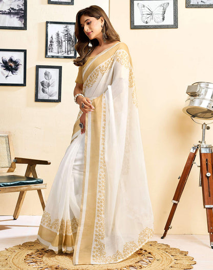 Ready To Wear White Linen Printed Saree