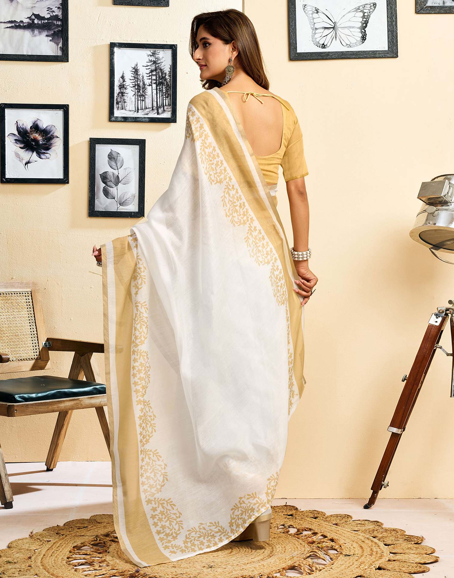 Ready To Wear White Linen Printed Saree