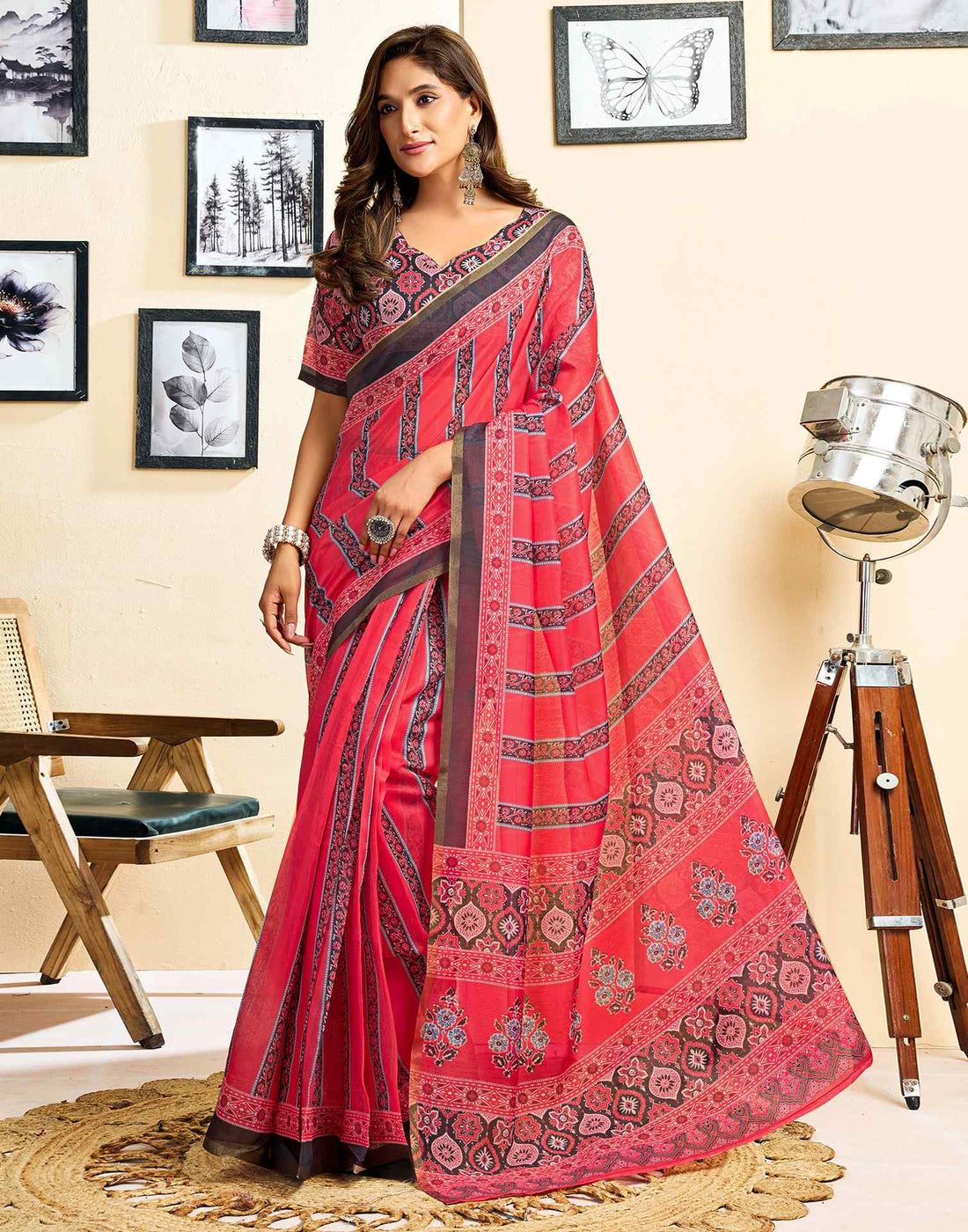 Ready To Wear Red Linen Printed Saree