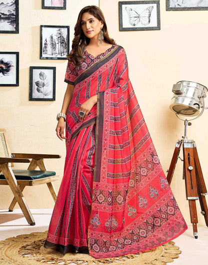 Ready To Wear Red Linen Printed Saree