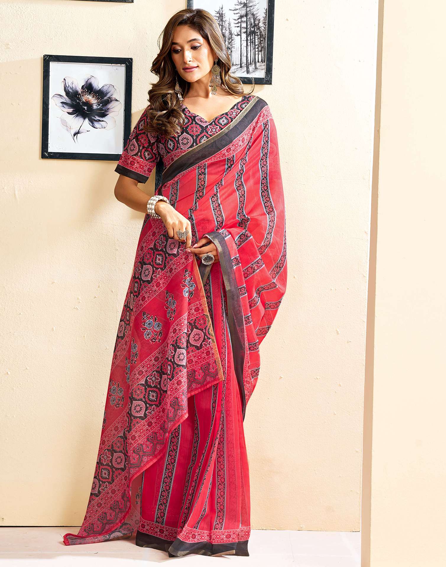 Ready To Wear Red Linen Printed Saree