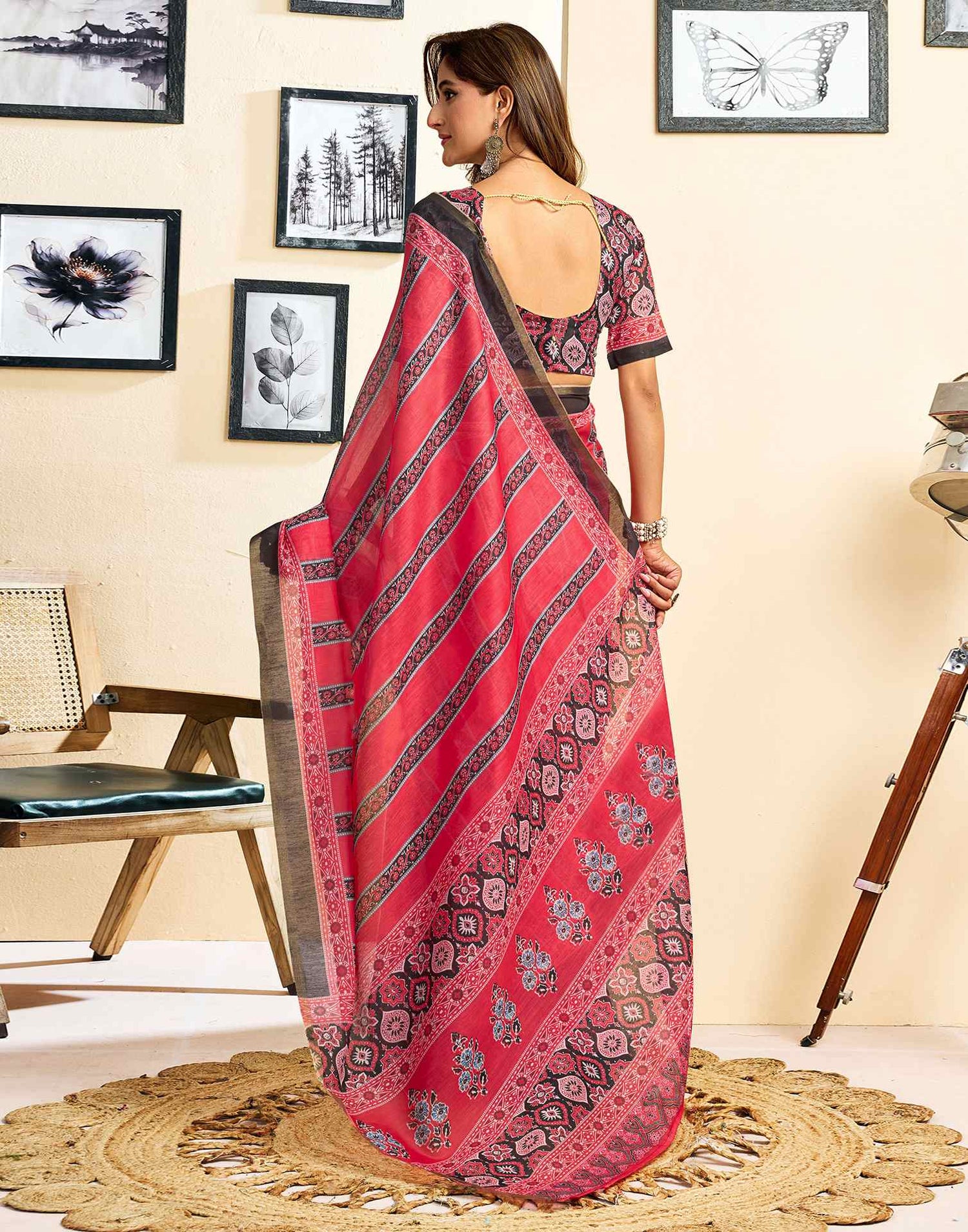 Ready To Wear Red Linen Printed Saree