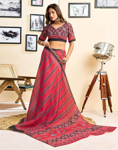 Ready To Wear Red Linen Printed Saree