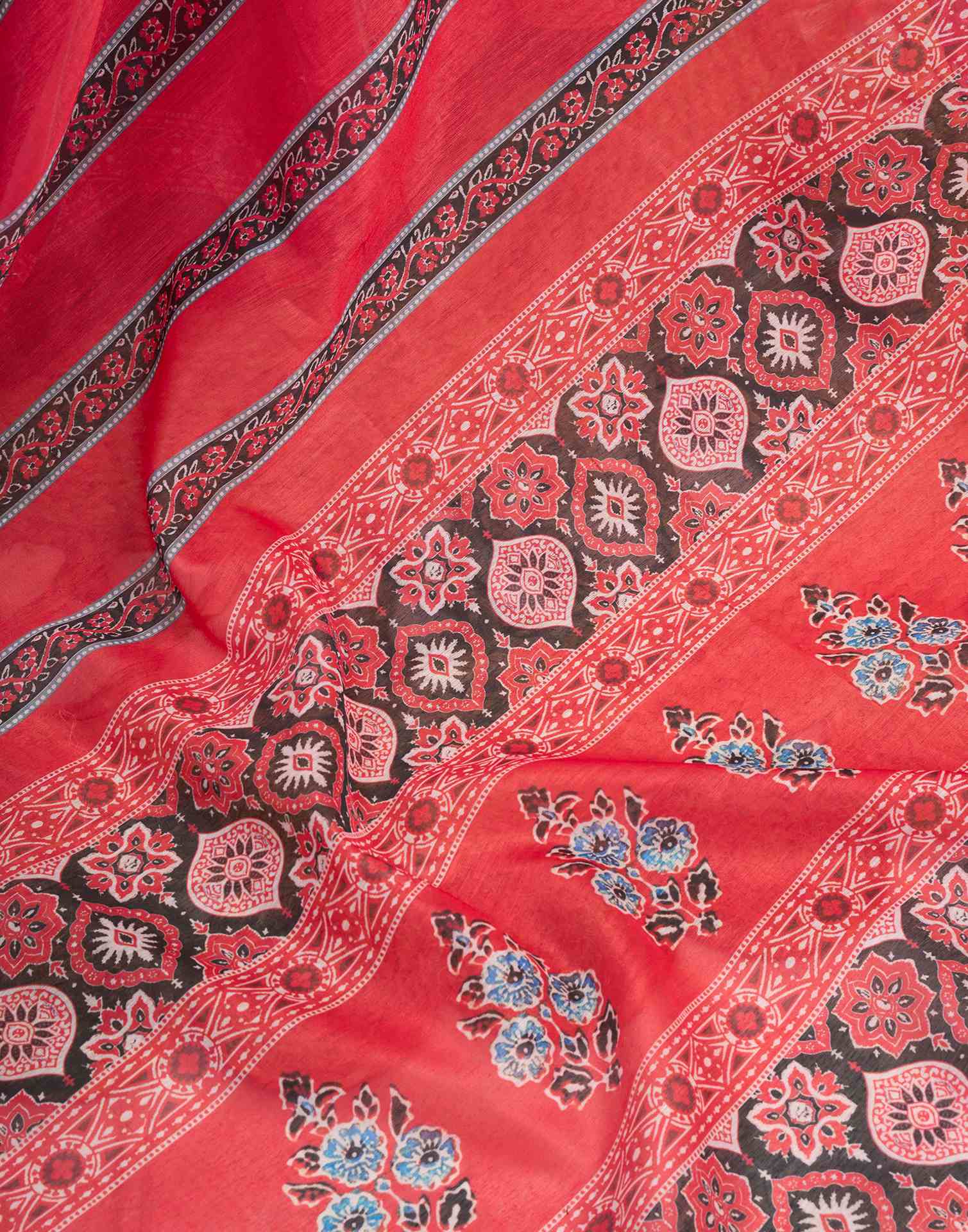 Ready To Wear Red Linen Printed Saree