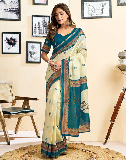 Ready To Wear Cream Linen Printed Saree