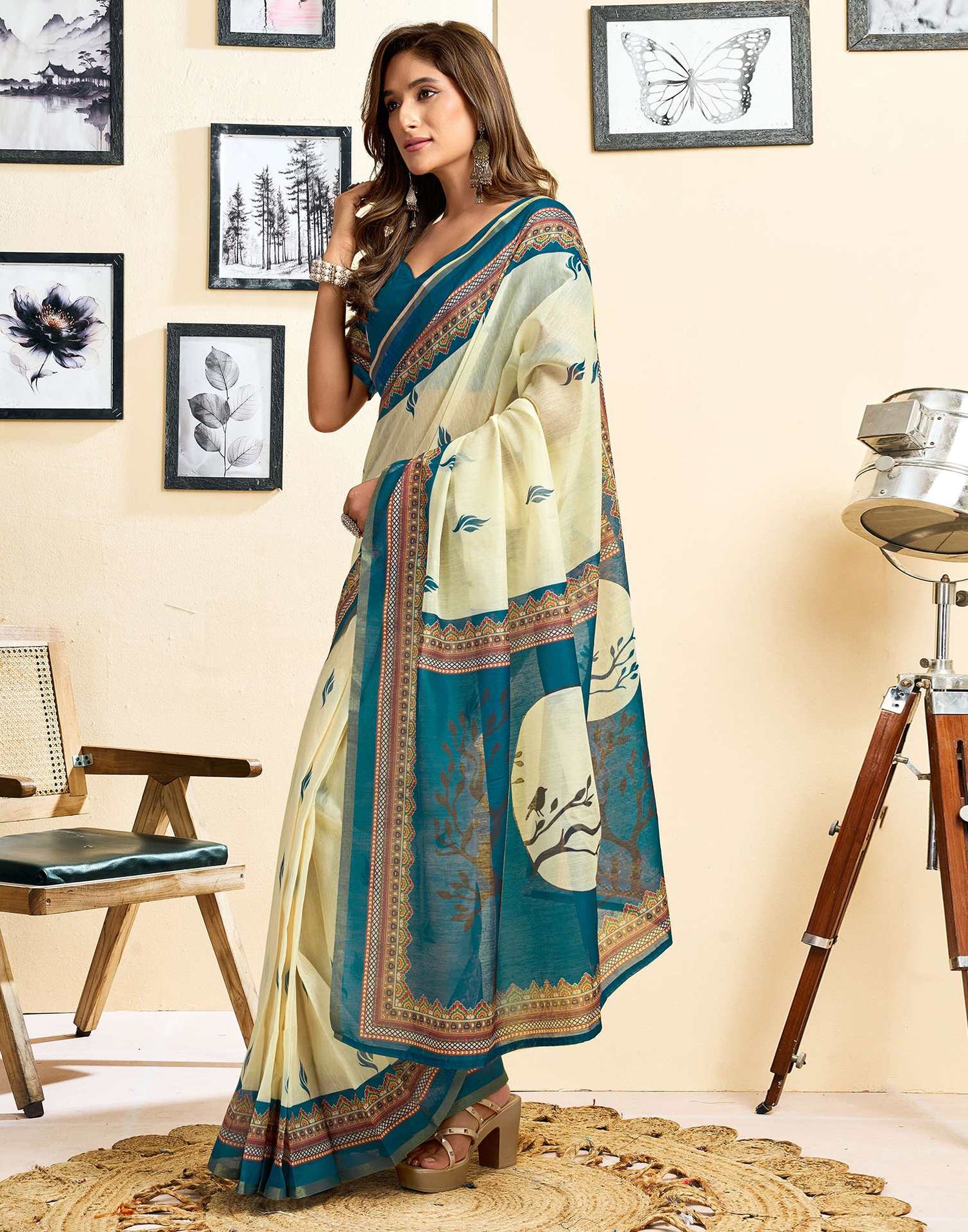 Ready To Wear Cream Linen Printed Saree