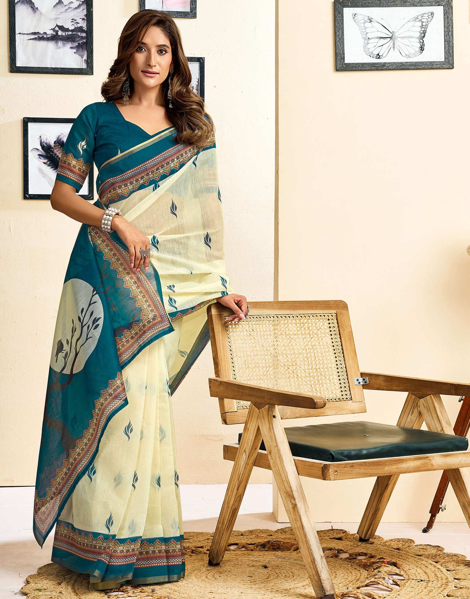 Ready To Wear Cream Linen Printed Saree