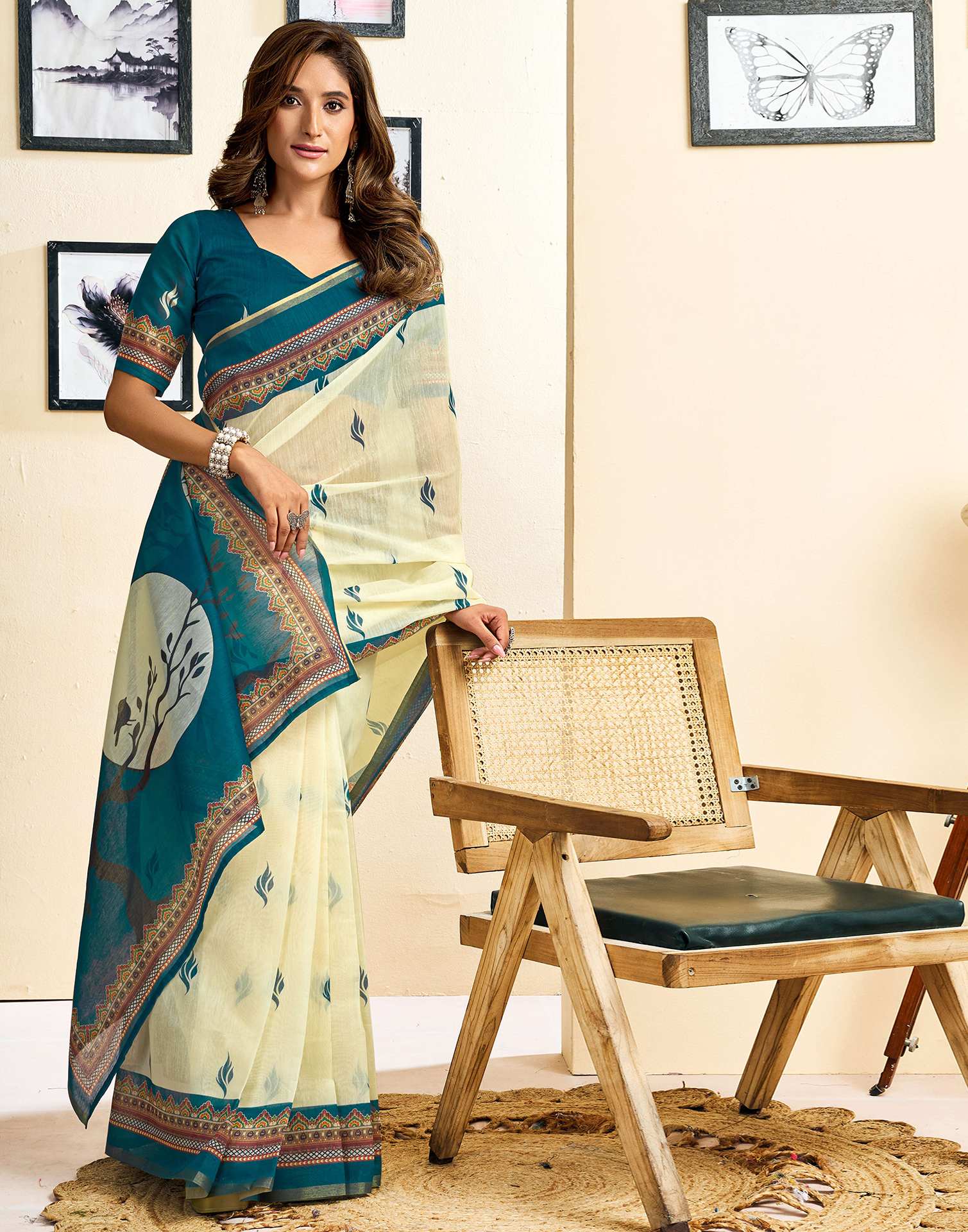 Ready To Wear Cream Linen Printed Saree
