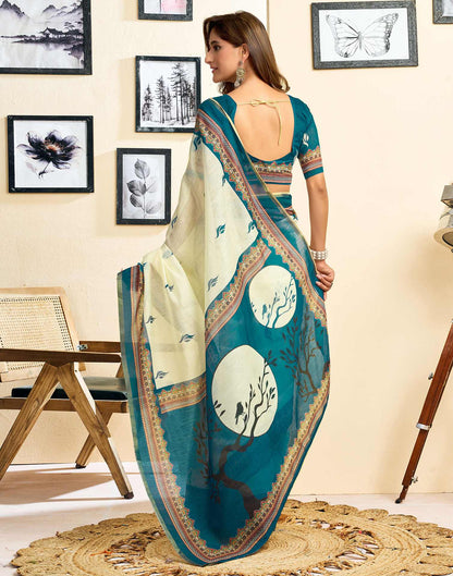 Ready To Wear Cream Linen Printed Saree