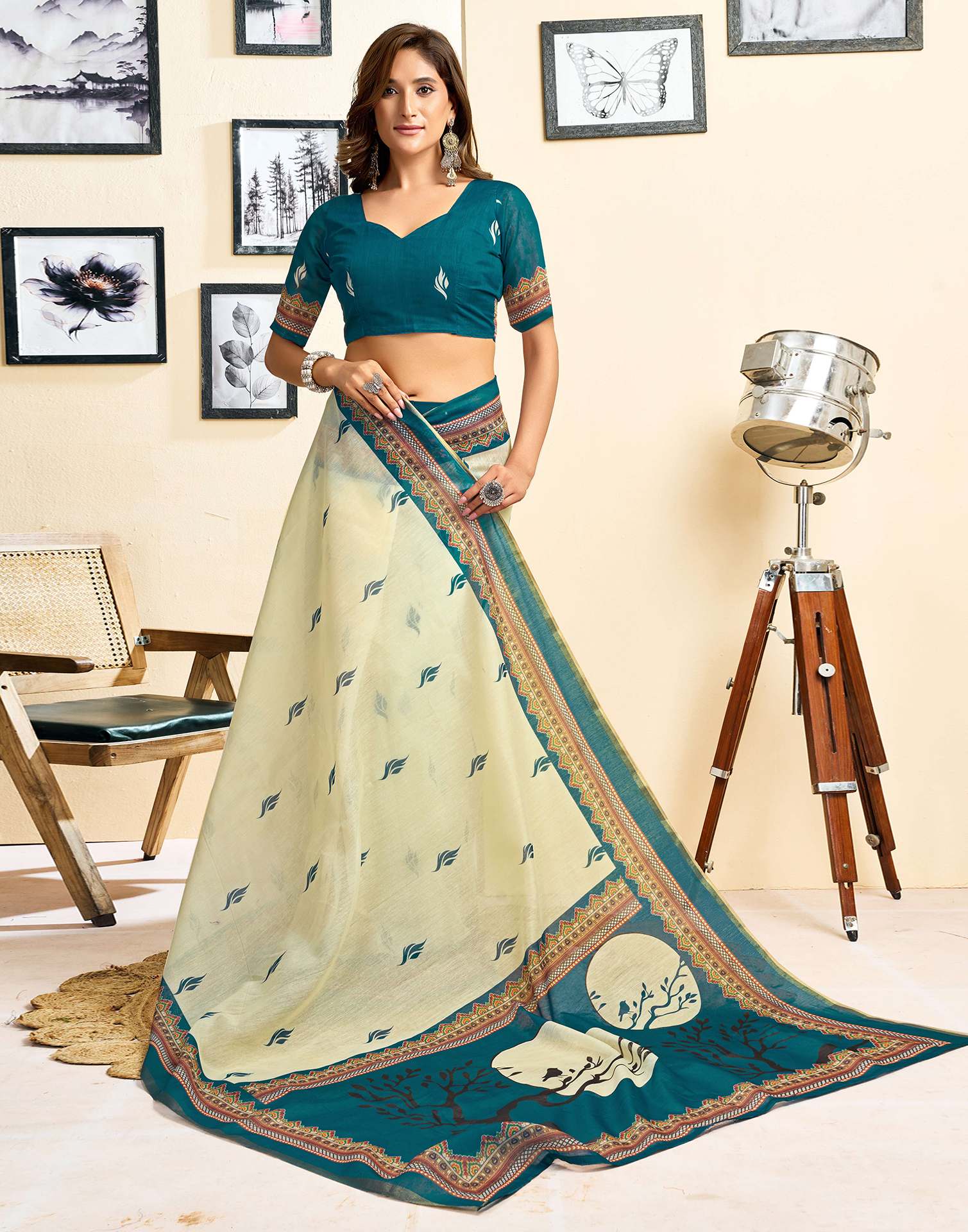 Ready To Wear Cream Linen Printed Saree