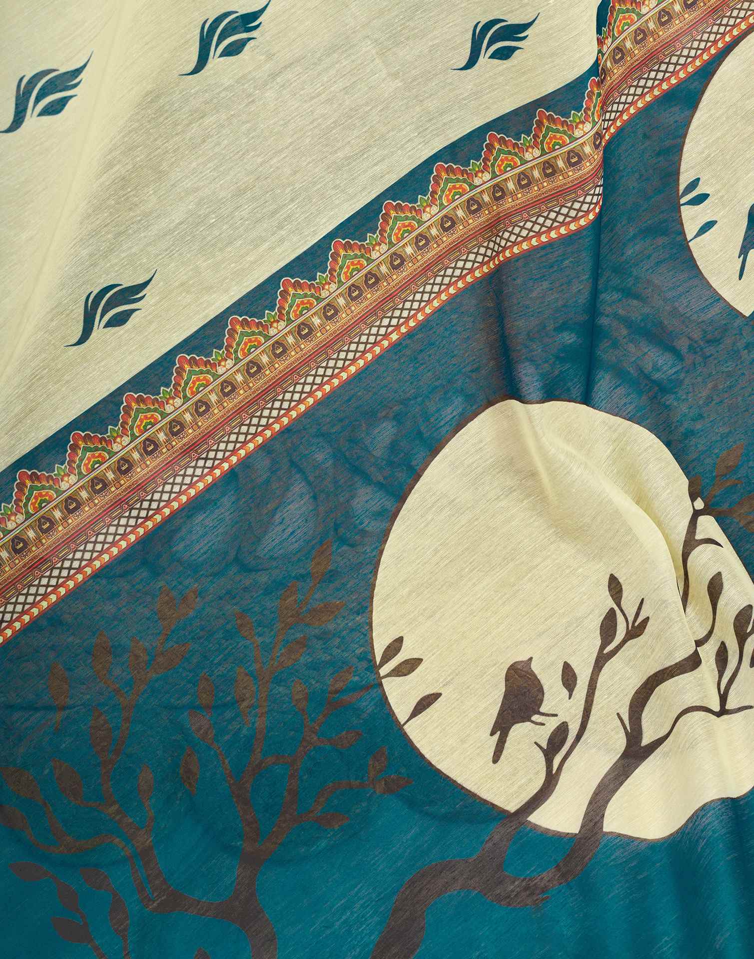 Ready To Wear Cream Linen Printed Saree