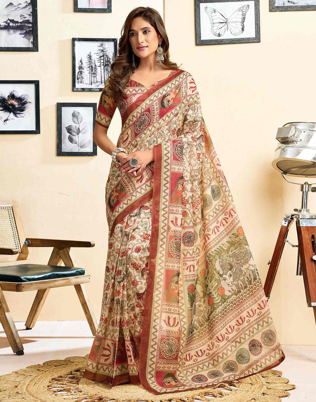 Ready To Wear Beige Linen Printed Saree