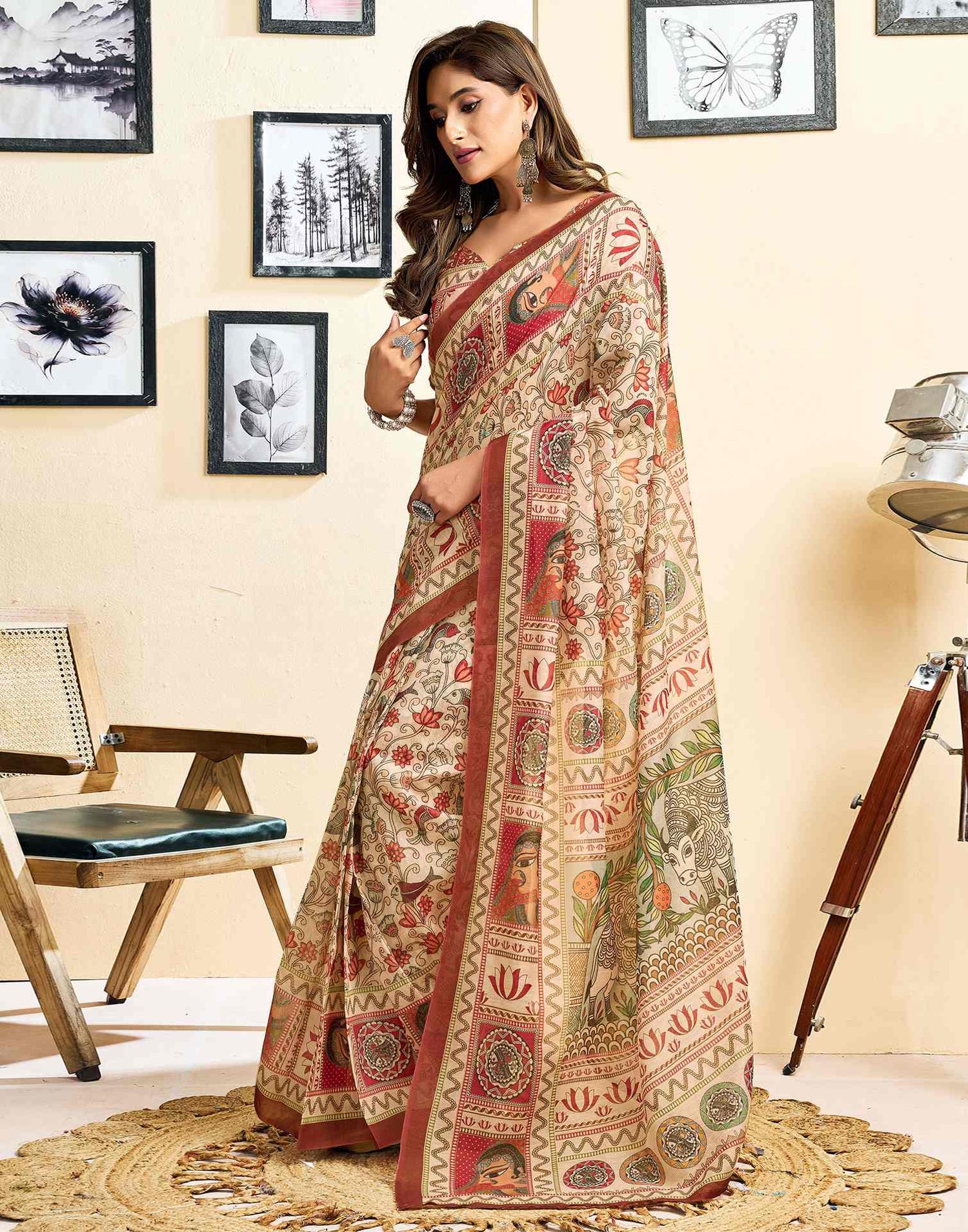 Ready To Wear Beige Linen Printed Saree