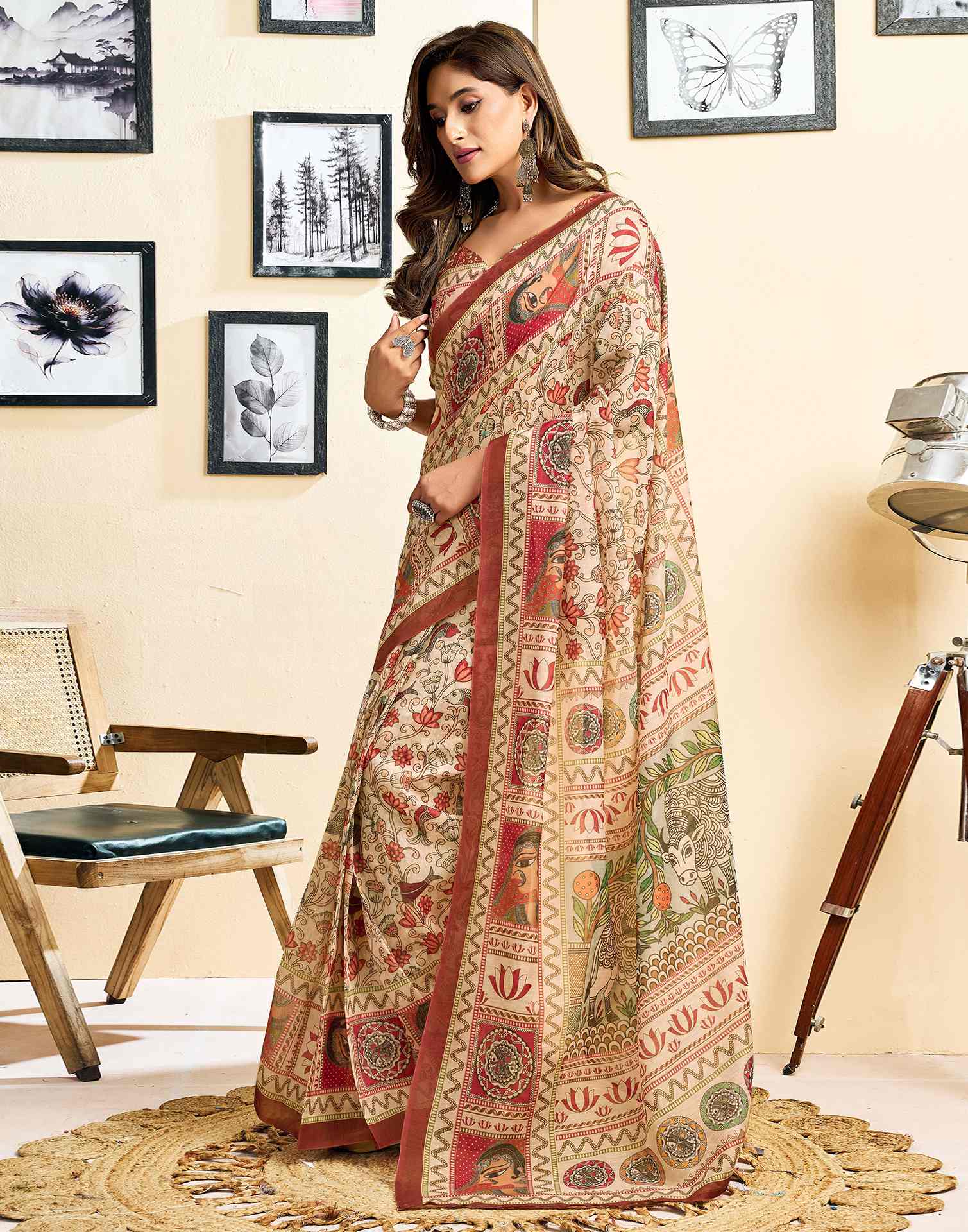 Ready To Wear Beige Linen Printed Saree