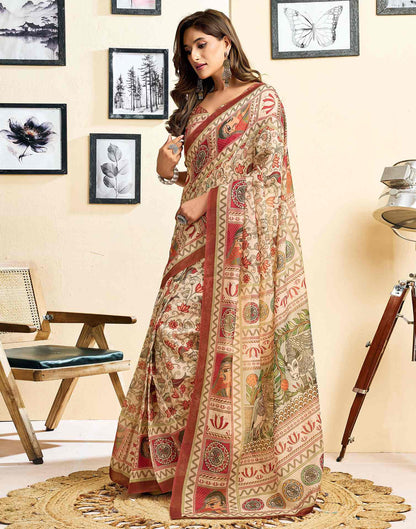 Ready To Wear Beige Linen Printed Saree