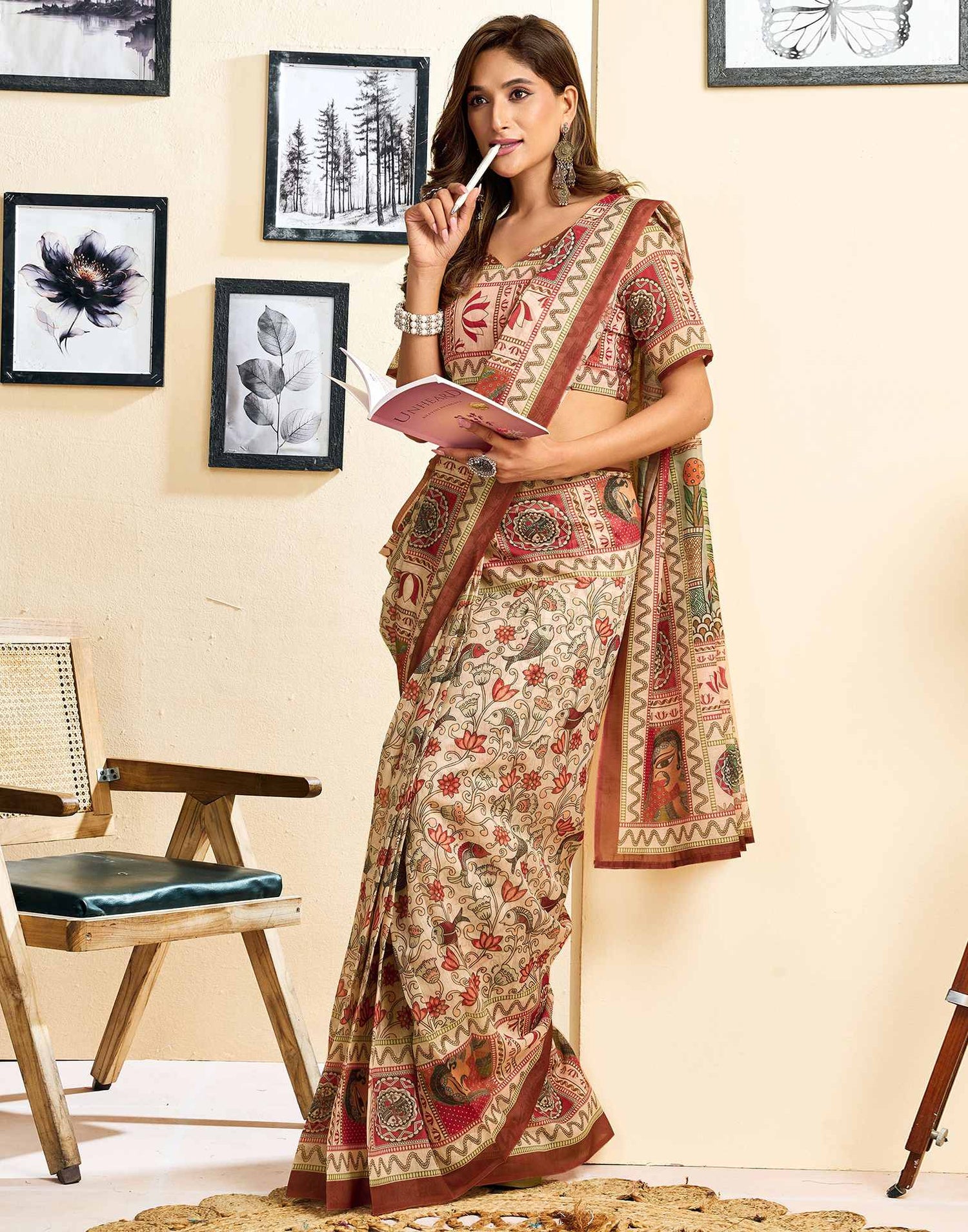 Ready To Wear Beige Linen Printed Saree