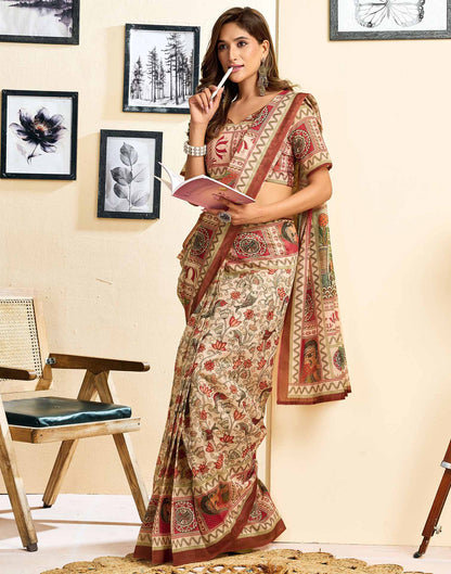 Ready To Wear Beige Linen Printed Saree