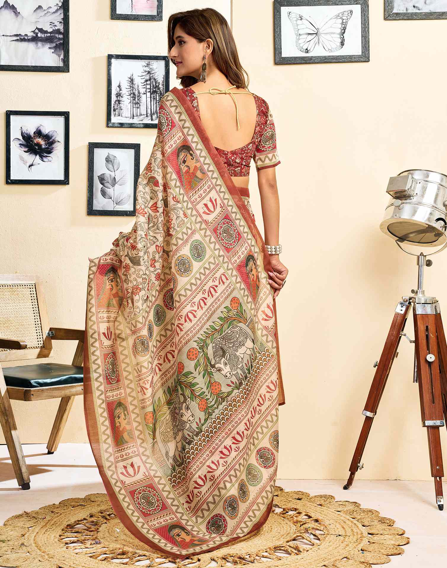 Ready To Wear Beige Linen Printed Saree