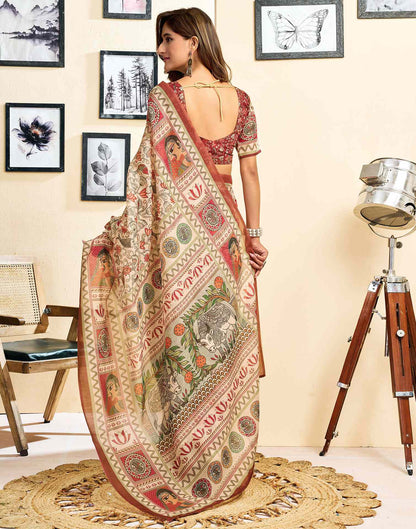 Ready To Wear Beige Linen Printed Saree