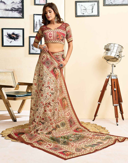 Ready To Wear Beige Linen Printed Saree