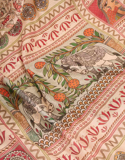 Ready To Wear Beige Linen Printed Saree