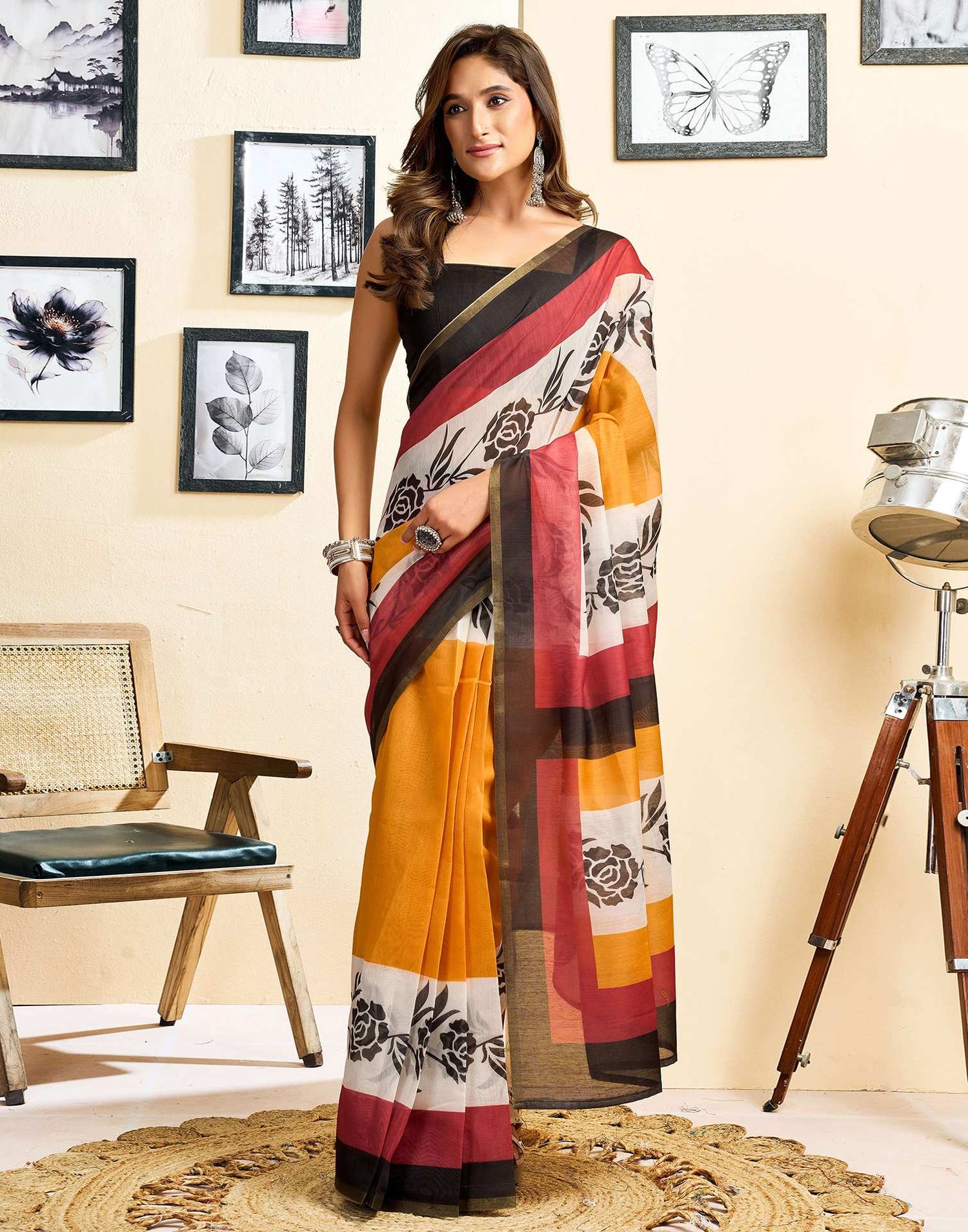 Ready To Wear Yellow Linen Printed Saree