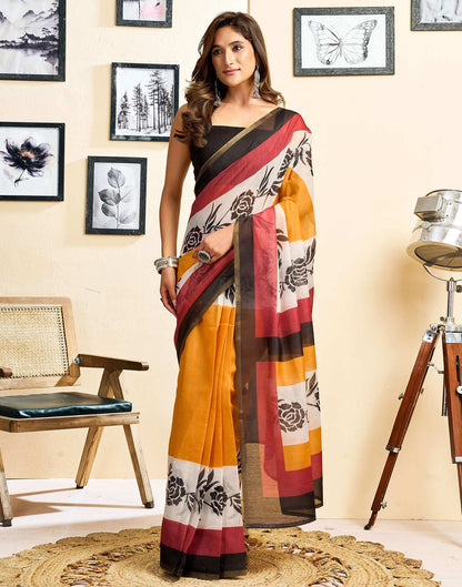 Ready To Wear Yellow Linen Printed Saree