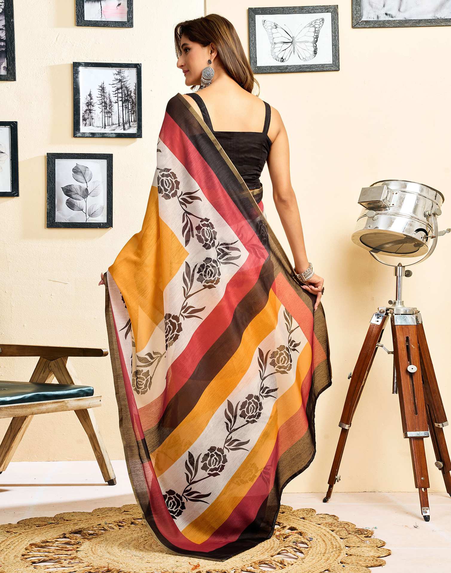 Ready To Wear Yellow Linen Printed Saree