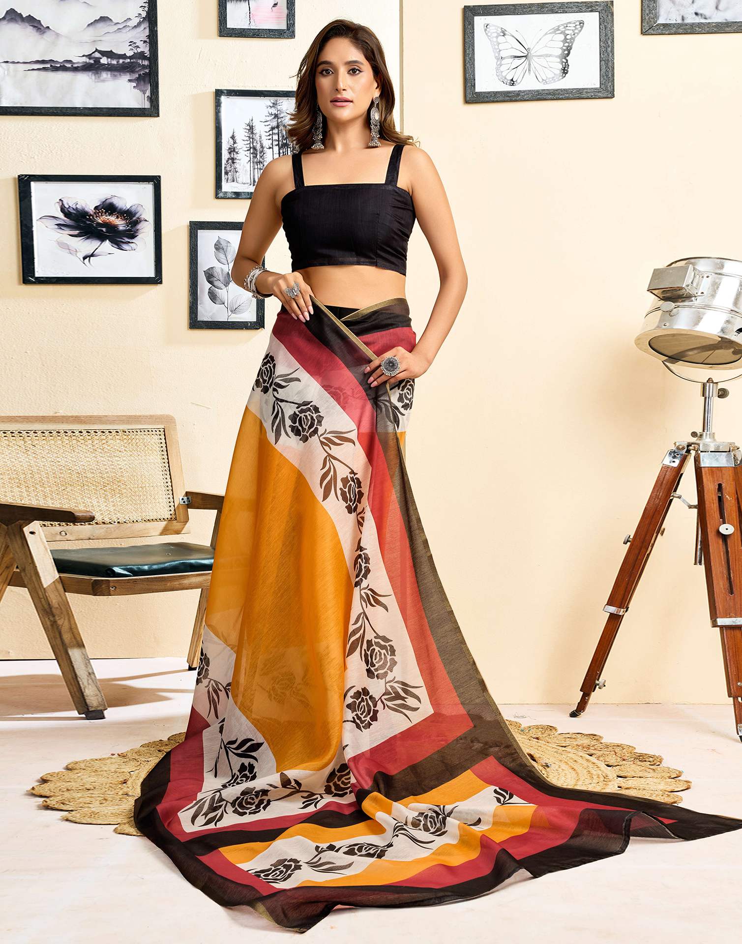 Ready To Wear Yellow Linen Printed Saree