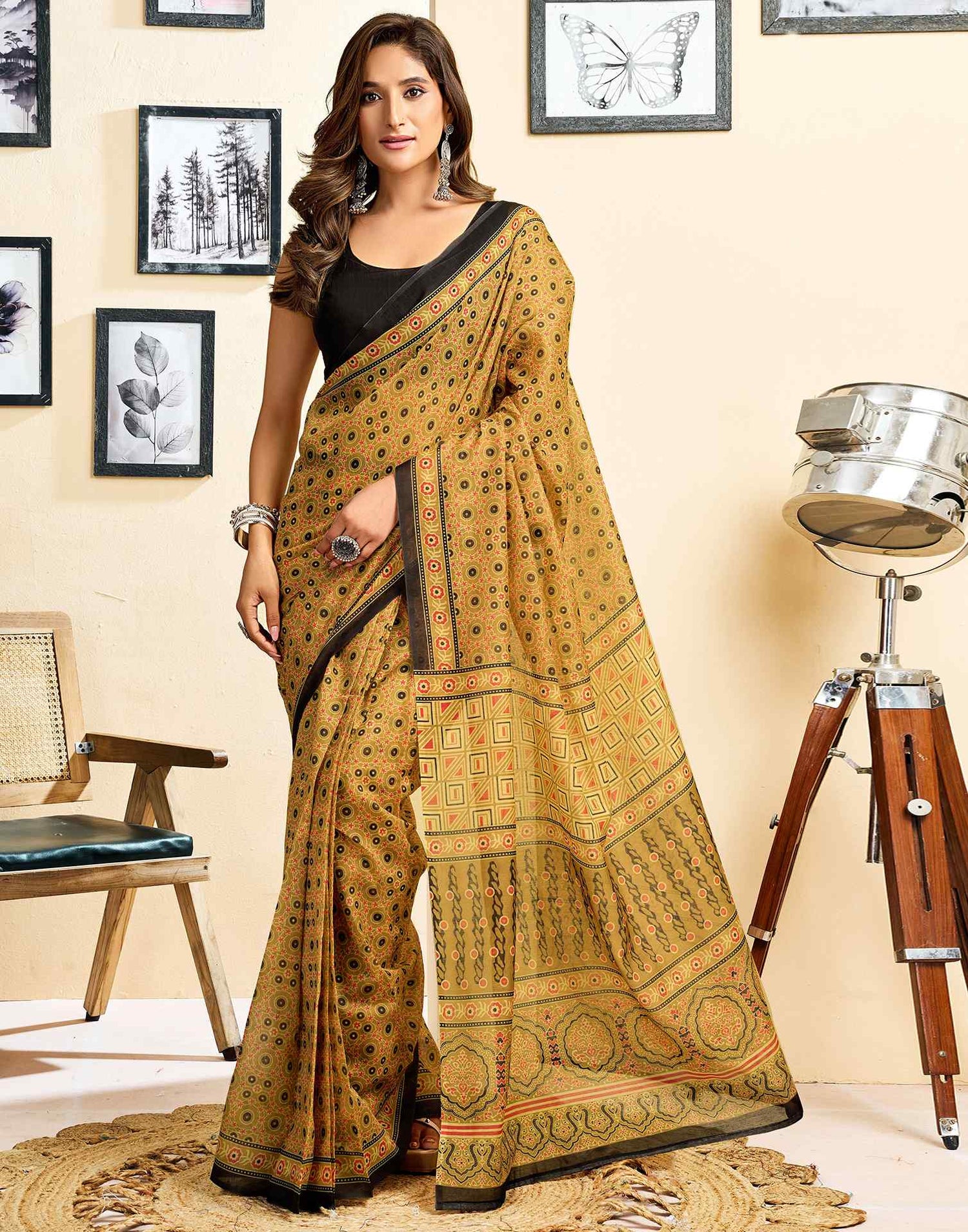 Ready To Wear Mustard Yellow Linen Printed Saree