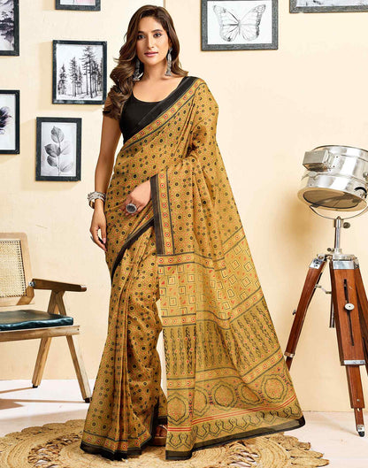 Ready To Wear Mustard Yellow Linen Printed Saree