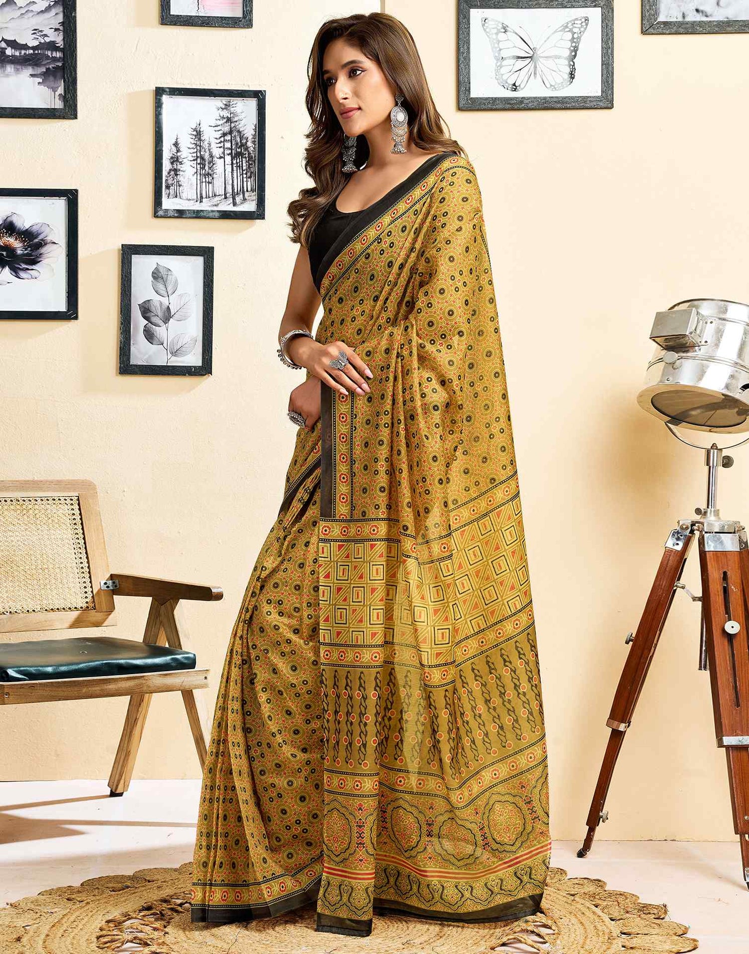 Ready To Wear Mustard Yellow Linen Printed Saree