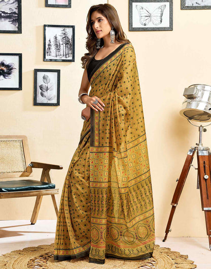 Ready To Wear Mustard Yellow Linen Printed Saree