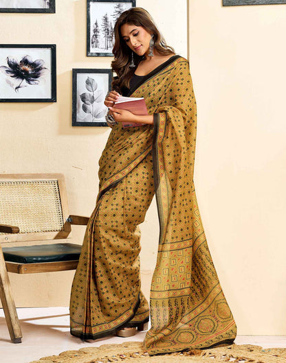 Ready To Wear Mustard Yellow Linen Printed Saree