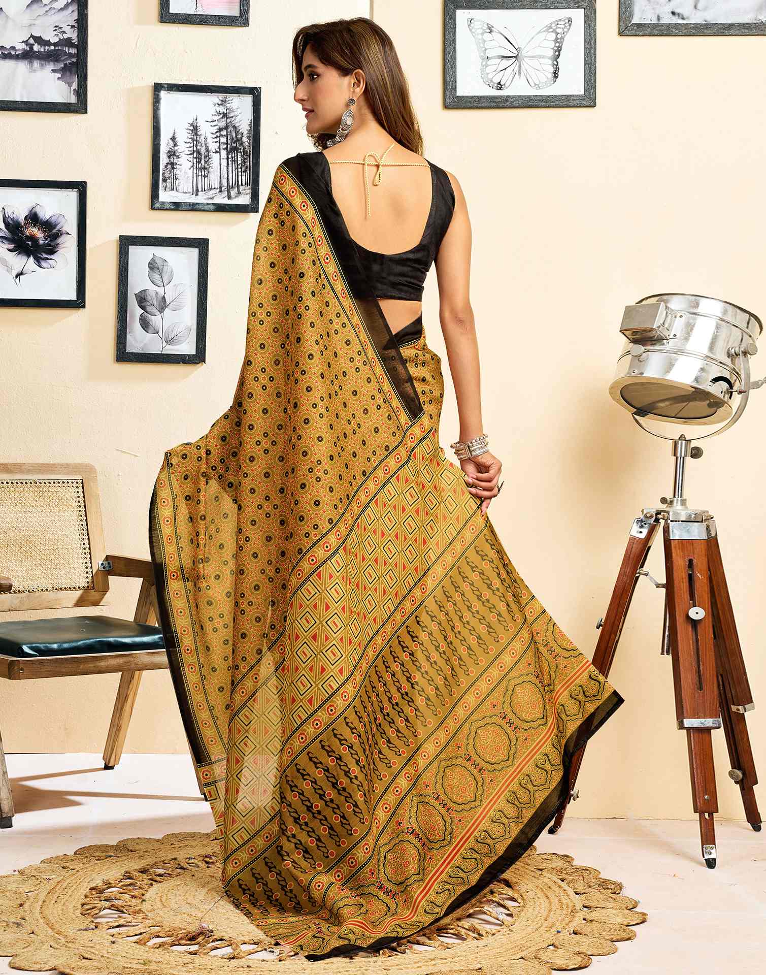 Ready To Wear Mustard Yellow Linen Printed Saree