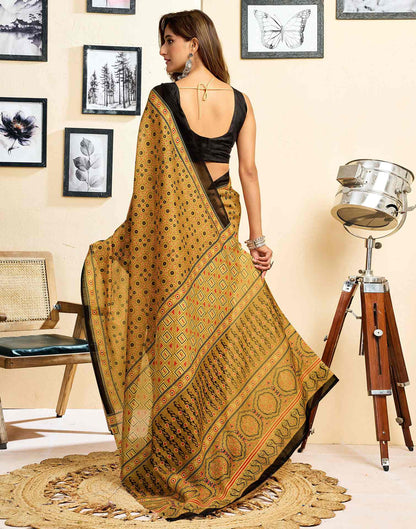 Ready To Wear Mustard Yellow Linen Printed Saree