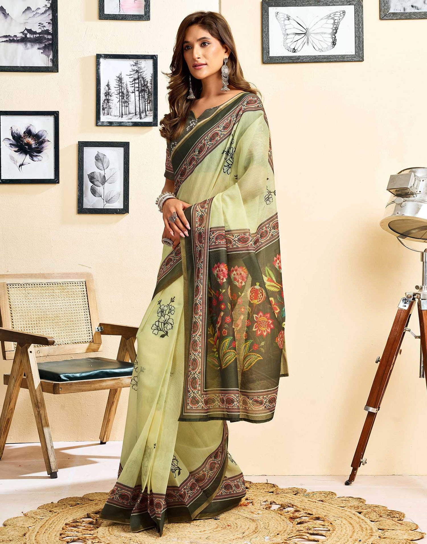 Ready To Wear Light Yellow Linen Floral Printed Saree