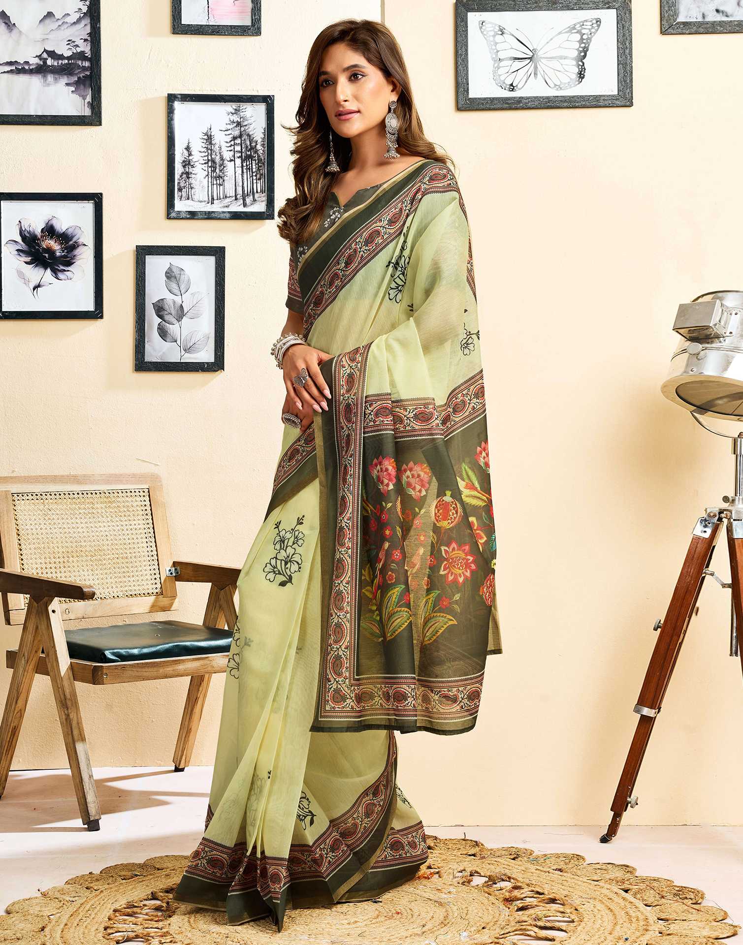Ready To Wear Light Yellow Linen Floral Printed Saree