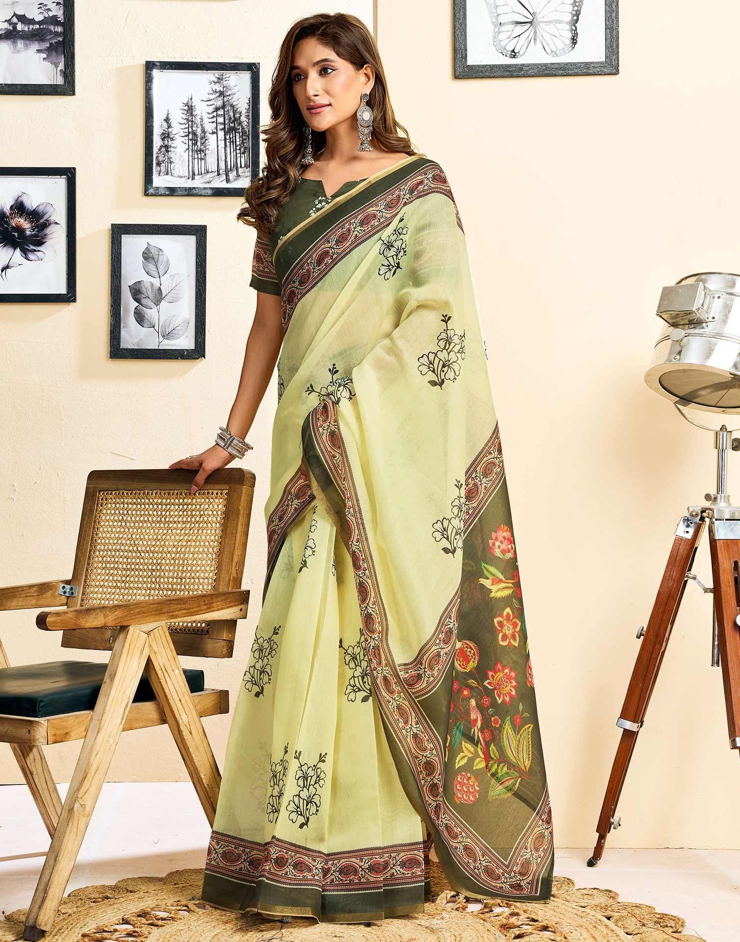 Ready To Wear Light Yellow Linen Floral Printed Saree