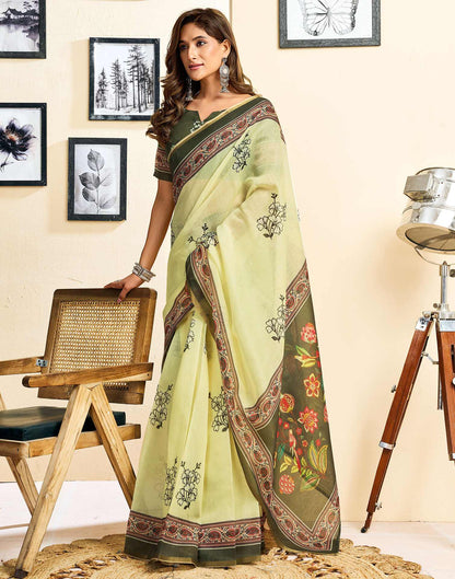 Ready To Wear Light Yellow Linen Floral Printed Saree